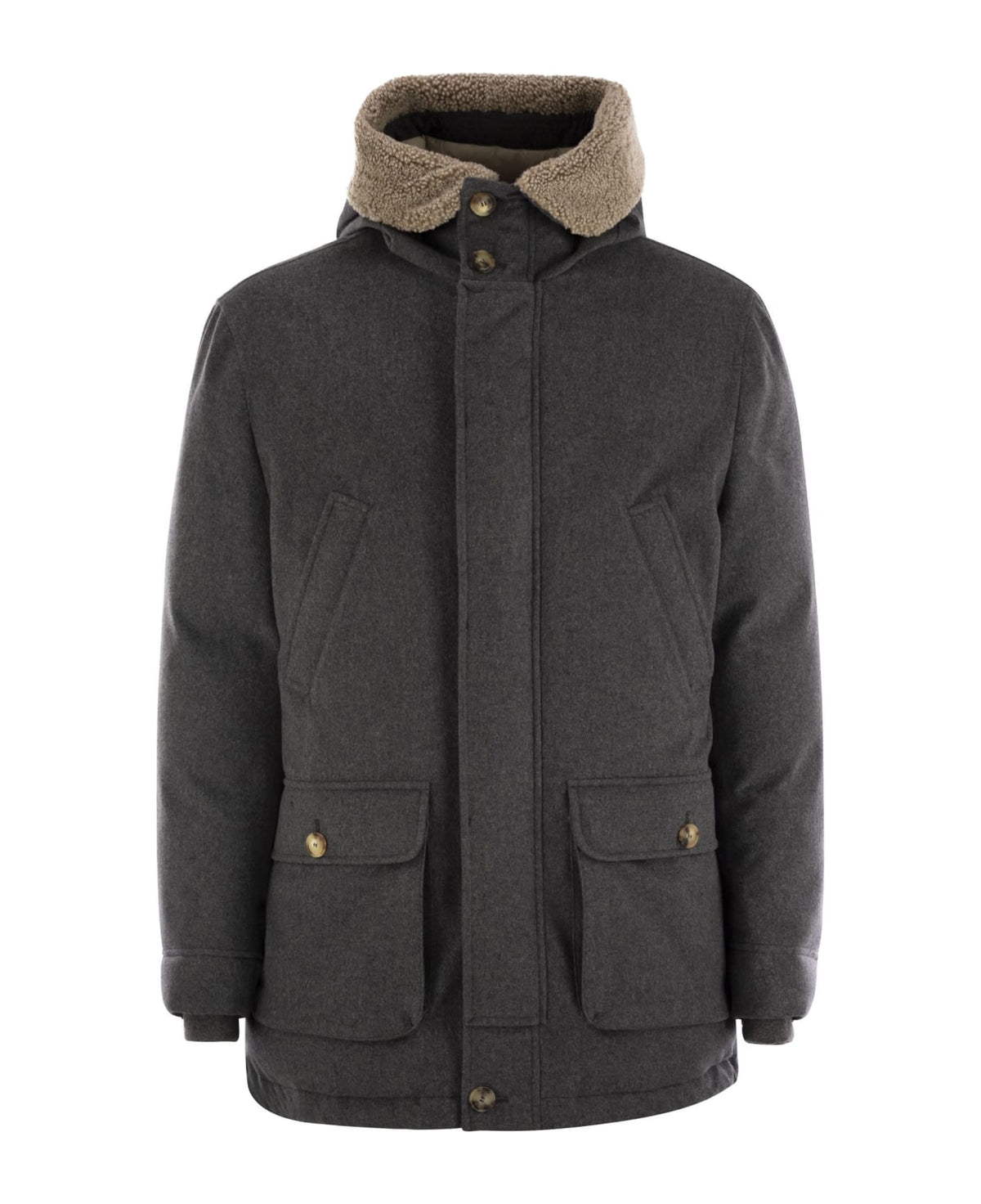 BRUNELLO CUCINELLI MEN'S GREY WOOL JACKET WITH SHEARLING COLLAR