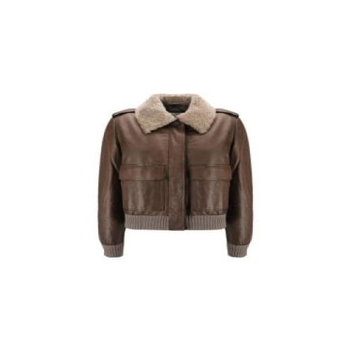 BRUNELLO CUCINELLI WOMEN'S MUD LEATHER CROPPED JACKET WITH SHEARLING COLLAR