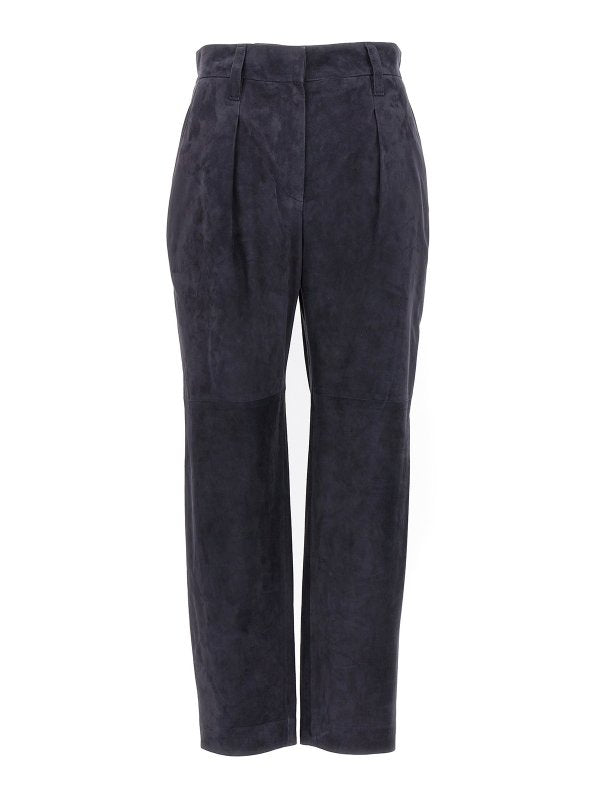 BRUNELLO CUCINELLI WOMEN'S DARK BLUE SUEDE TROUSERS