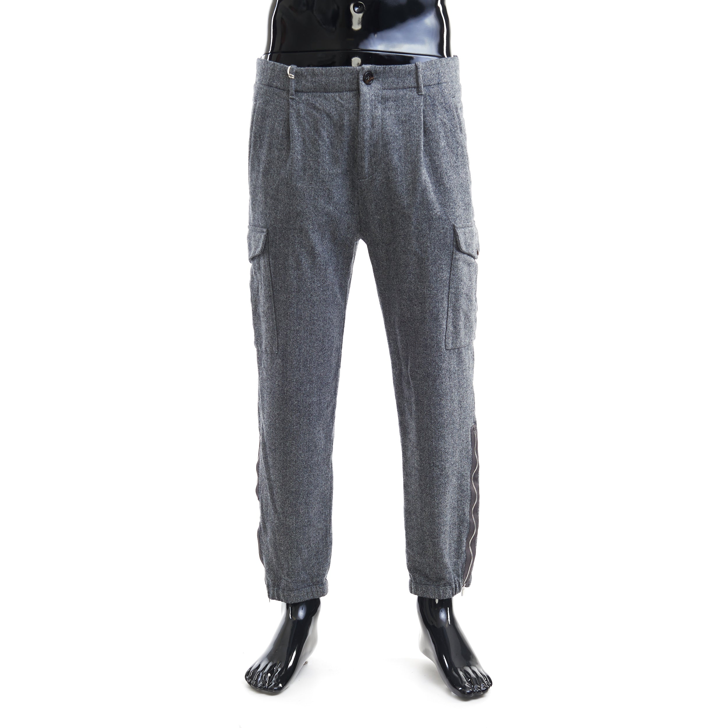 BRUNELLO CUCINELLI MEN'S GREY WOOL CARGO TROUSERS
