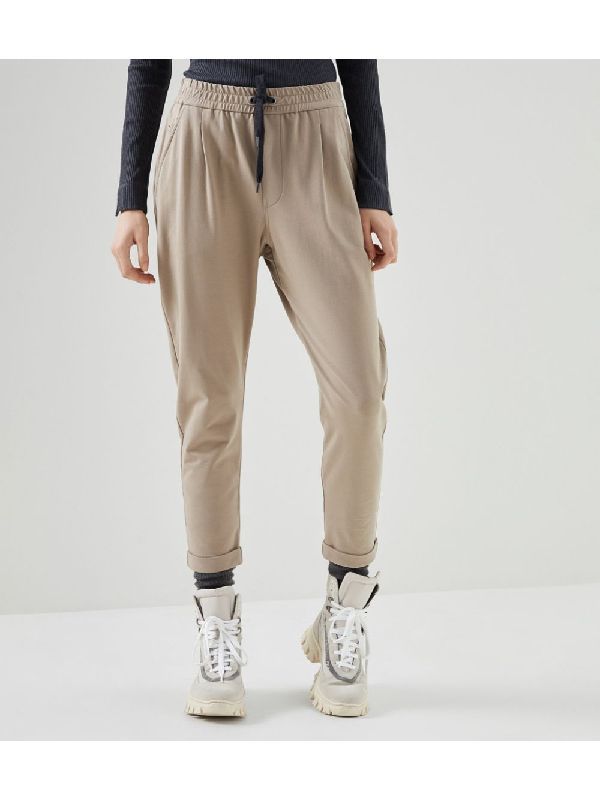 BRUNELLO CUCINELLI WOMEN'S TAUPE DRAWSTRING ATHLETIC TROUSERS