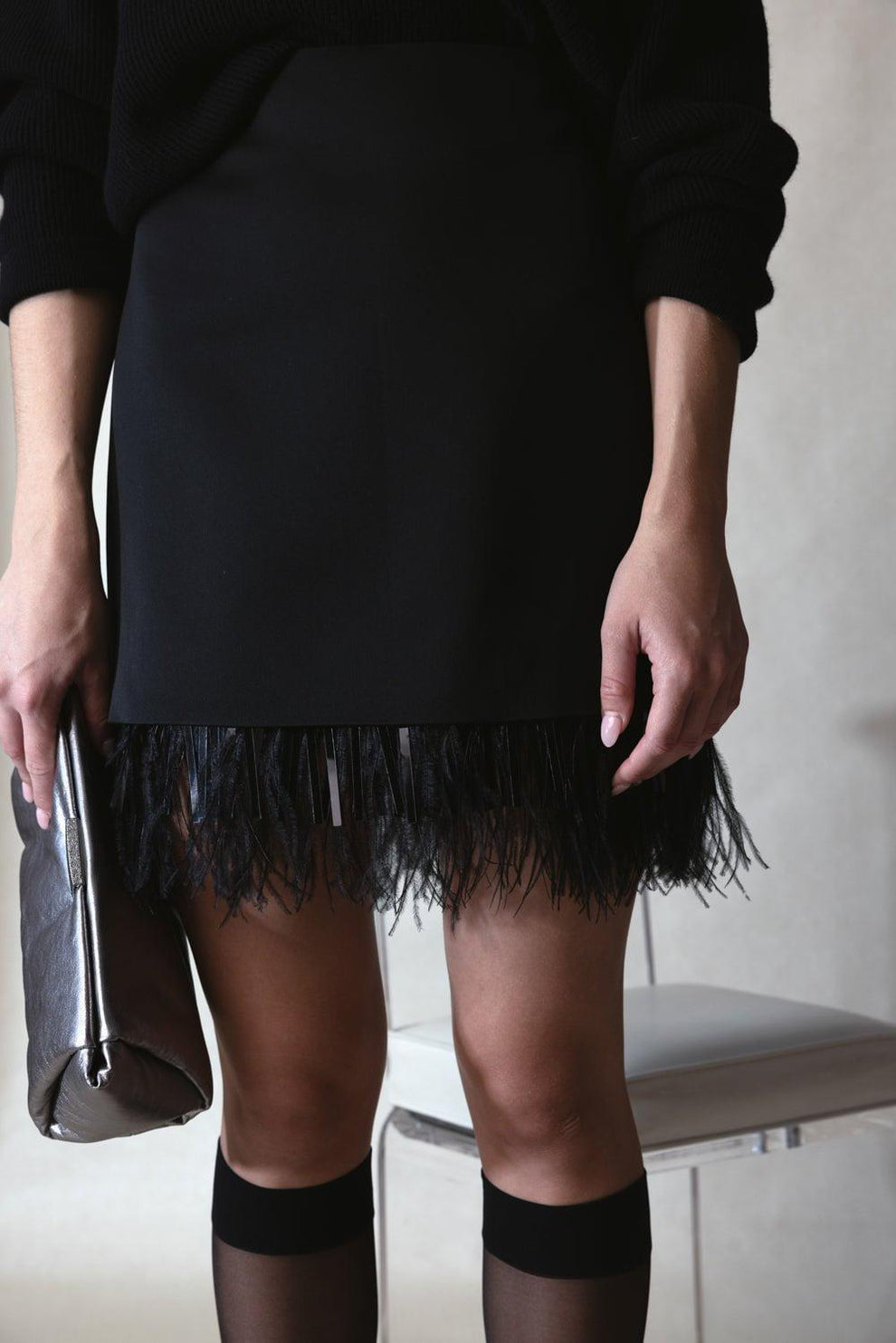 BRUNELLO CUCINELLI WOMEN'S BLACK FEATHER TRIM SKIRT