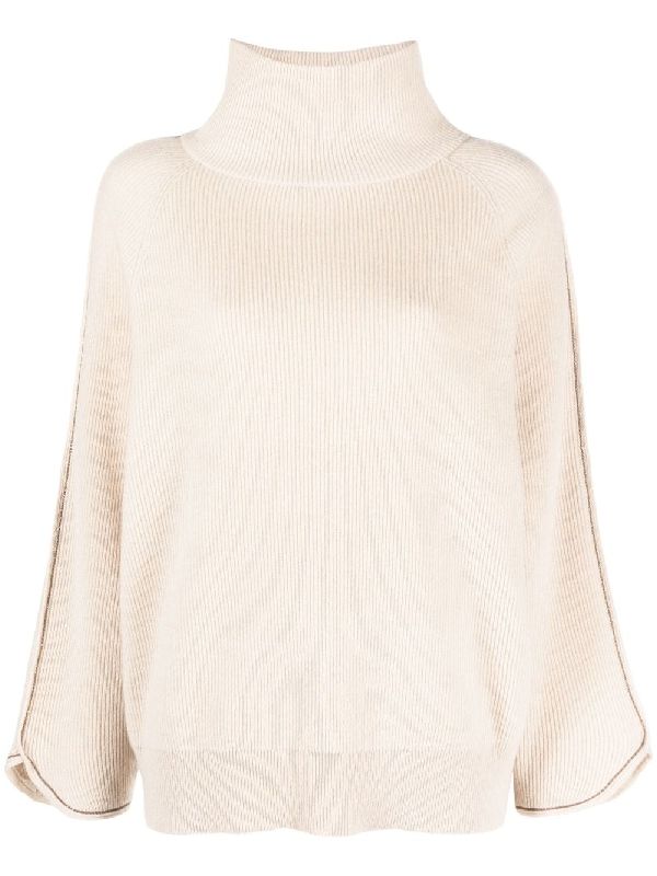 BRUNELLO CUCINELLI WOMEN'S BEIGE WOOL RIBBED SWEATER