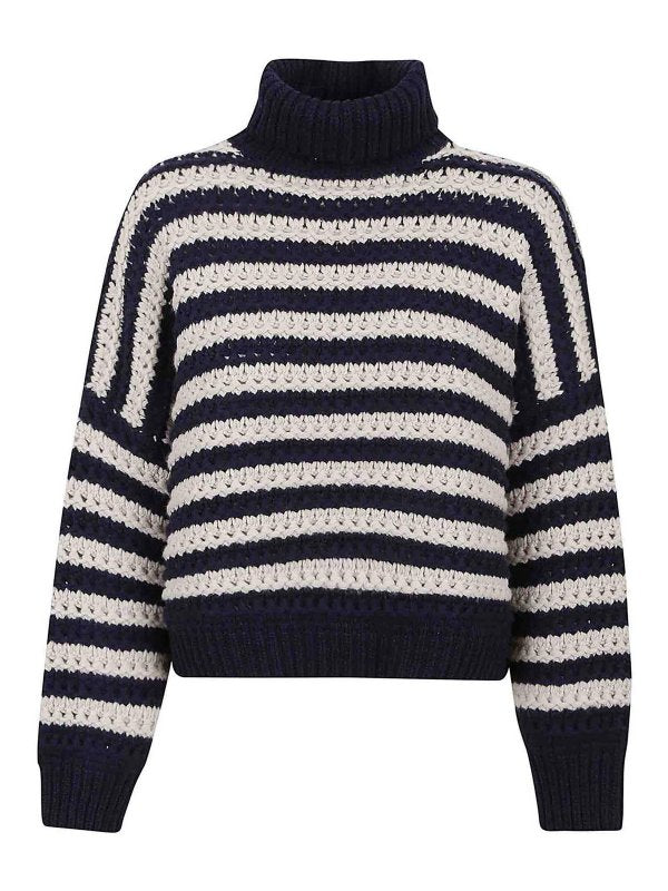 BRUNELLO CUCINELLI WOMEN'S NAVY STRIPED TURTLENECK KNIT SWEATER