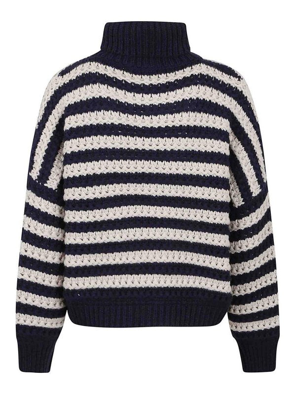 BRUNELLO CUCINELLI WOMEN'S NAVY STRIPED TURTLENECK KNIT SWEATER