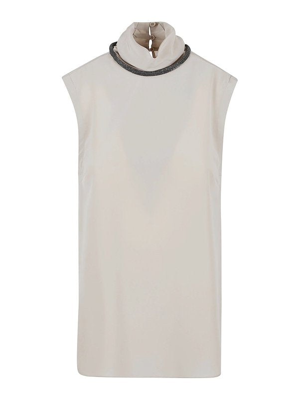 BRUNELLO CUCINELLI WOMEN'S SAND SLEEVELESS TOP WITH EMBELLISHED COLLAR