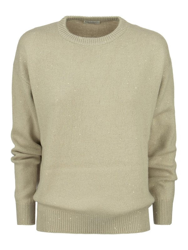 BRUNELLO CUCINELLI WOMEN'S BEIGE WOOL SILK CREWNECK SWEATER