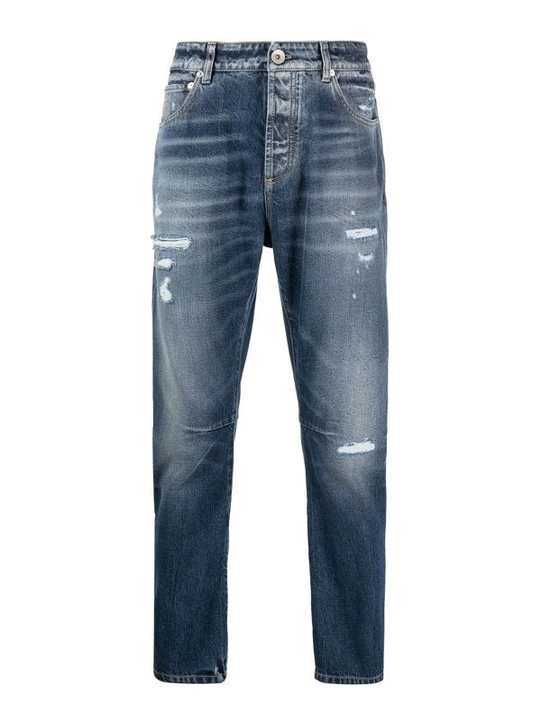 BRUNELLO CUCINELLI MEN'S DISTRESSED BLUE DENIM JEANS