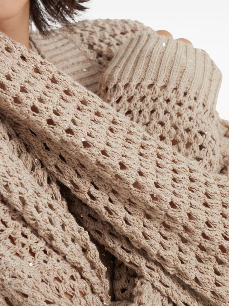 BRUNELLO CUCINELLI WOMEN'S LIGHT CAMEL OPEN KNIT SWEATER