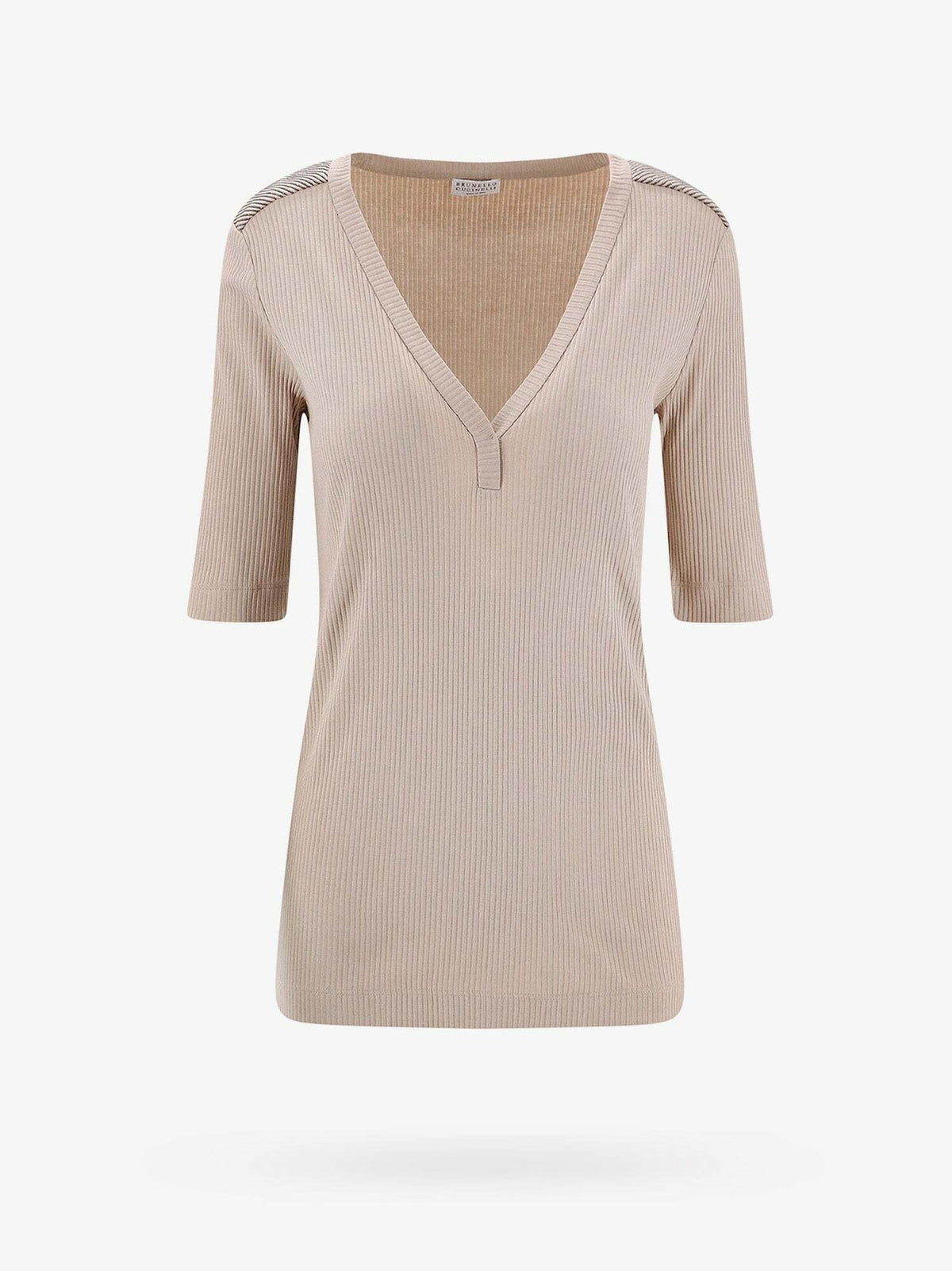 BRUNELLO CUCINELLI WOMEN'S BEIGE RIBBED V NECK SHIRT