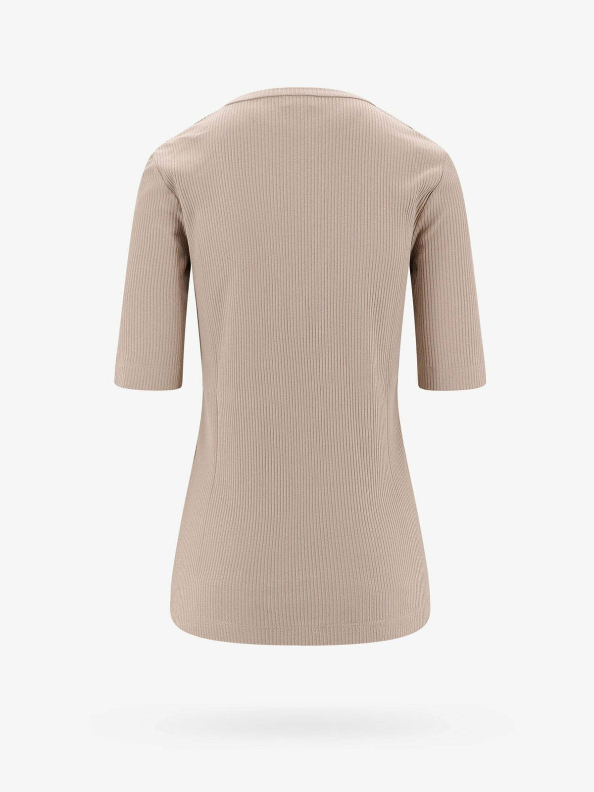 BRUNELLO CUCINELLI WOMEN'S BEIGE RIBBED V NECK SHIRT