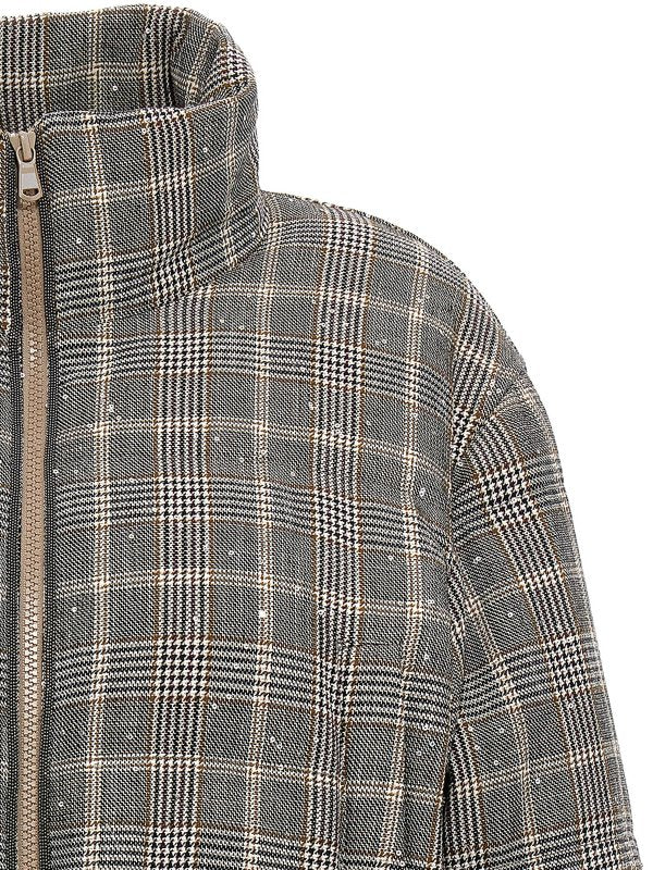 BRUNELLO CUCINELLI WOMEN'S BEIGE BLACK BROWN CHECKED WOOL BLEND JACKET