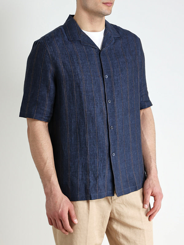 BRUNELLO CUCINELLI MEN'S NAVY STRIPED SHORT-SLEEVE SHIRT