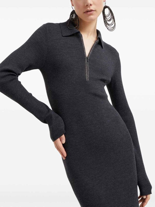 BRUNELLO CUCINELLI WOMEN'S ANTHRACITE WOOL BLEND KNIT DRESS