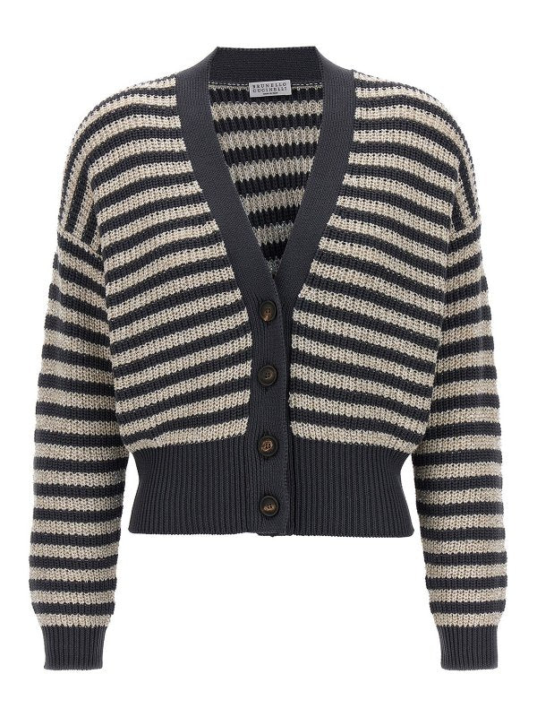 BRUNELLO CUCINELLI WOMEN'S ETHER STRIPED BUTTON FRONT SWEATER
