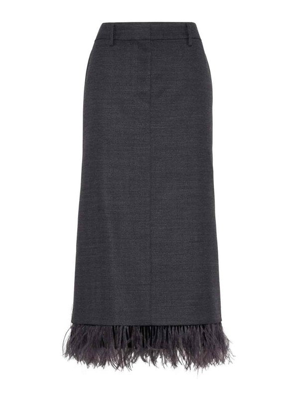 BRUNELLO CUCINELLI WOMEN'S ANTHRACITE WOOL SKIRT WITH FEATHER TRIM