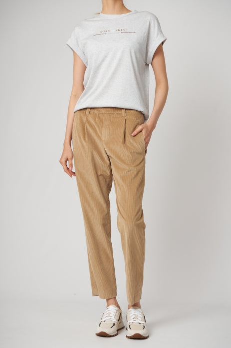 BRUNELLO CUCINELLI WOMEN'S TAN CORDUROY PLEATED TROUSERS