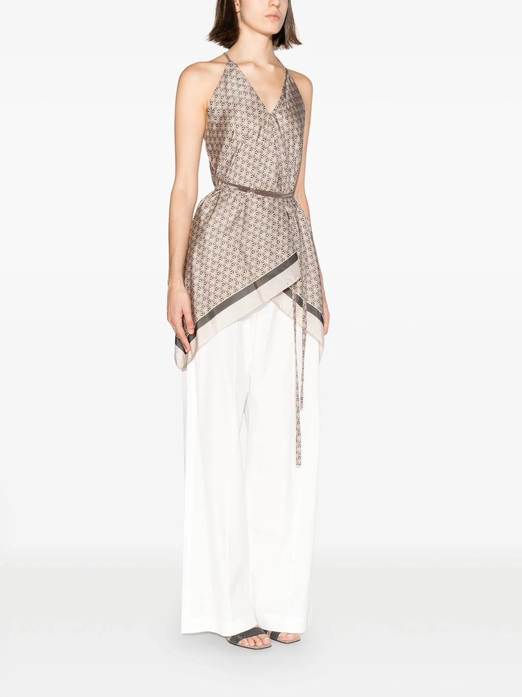BRUNELLO CUCINELLI WOMEN'S BEIGE PATTERNED SILK CAMISOLE TOP