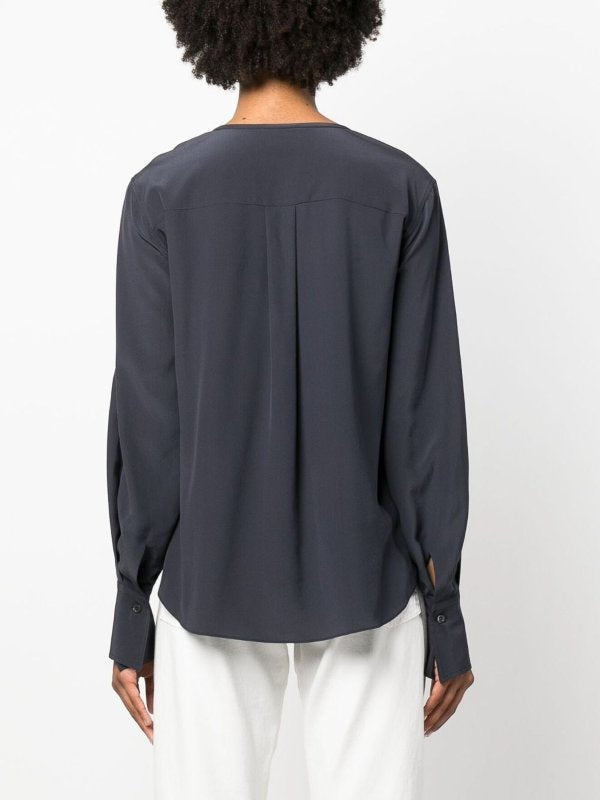 BRUNELLO CUCINELLI WOMEN'S DARK BLUE V-NECK BLOUSE WITH EMBELLISHMENT