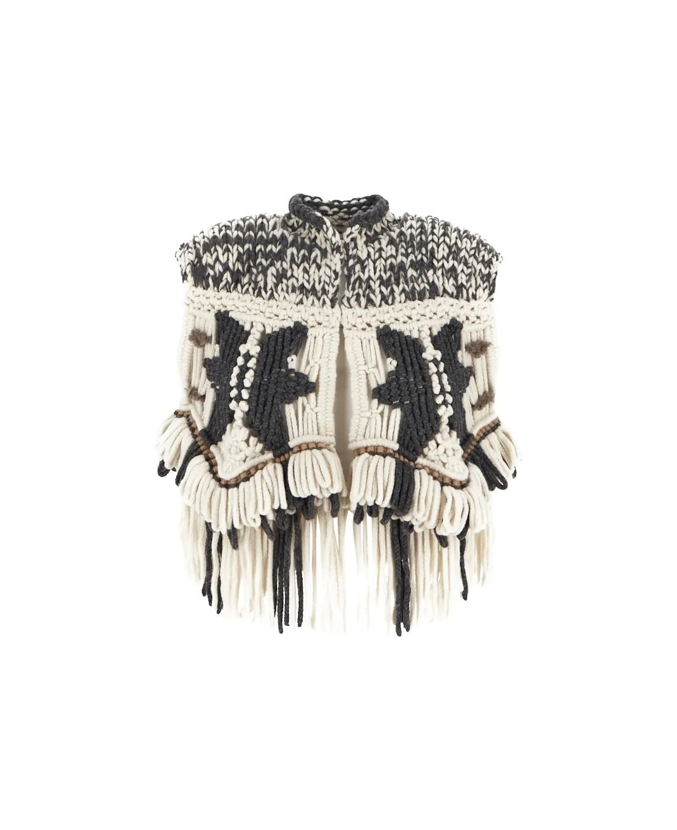 BRUNELLO CUCINELLI WOMEN'S BLACK AND WHITE FRINGED KNIT PONCHO