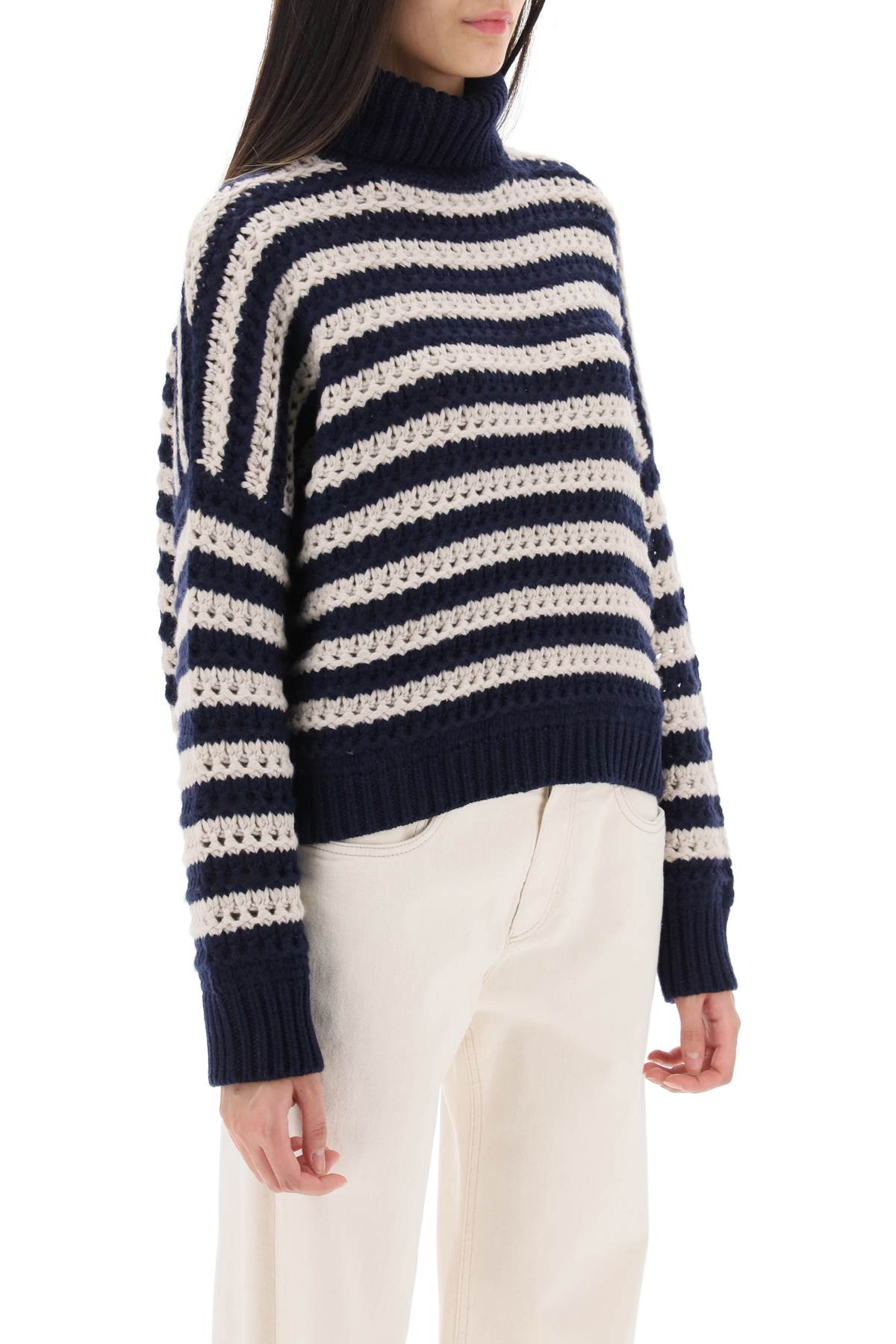 BRUNELLO CUCINELLI WOMEN'S NAVY STRIPED TURTLENECK KNIT SWEATER