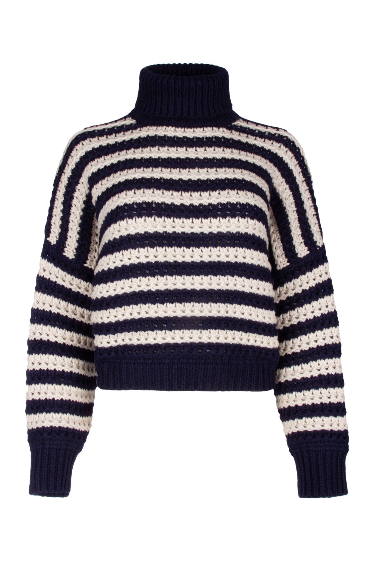 BRUNELLO CUCINELLI WOMEN'S NAVY STRIPED TURTLENECK KNIT SWEATER