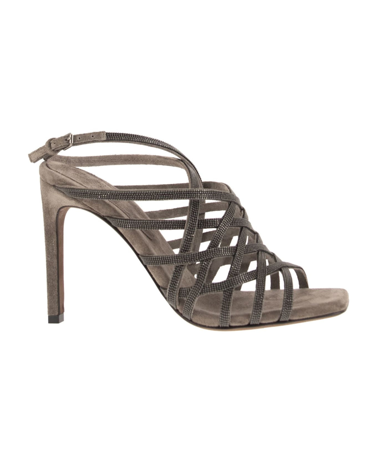 BRUNELLO CUCINELLI WOMEN'S OXIDE SUEDE STRAPPY HIGH HEEL SHOE