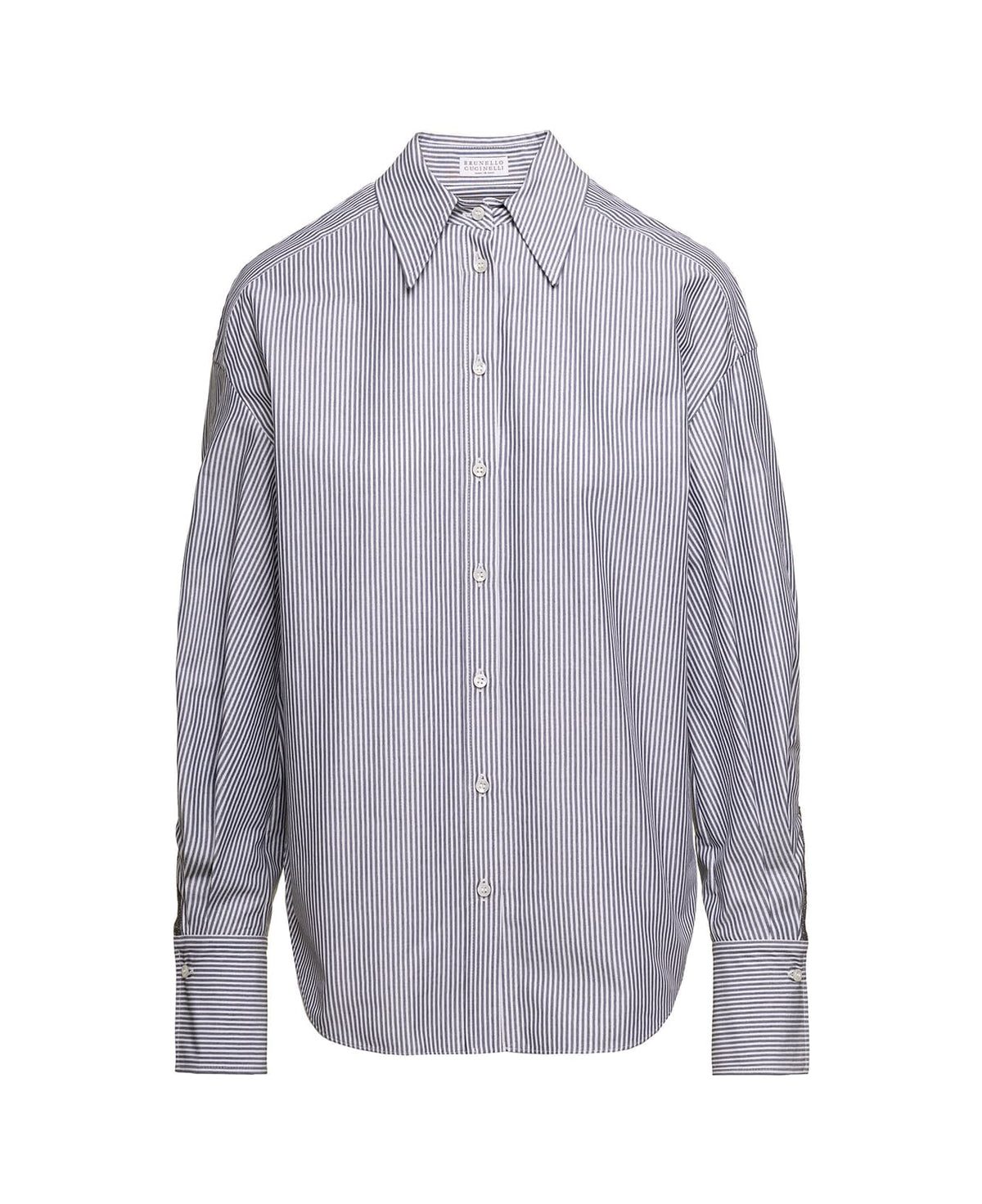 BRUNELLO CUCINELLI WOMEN'S WHITE BLUE STRIPED BUTTON-UP SHIRT