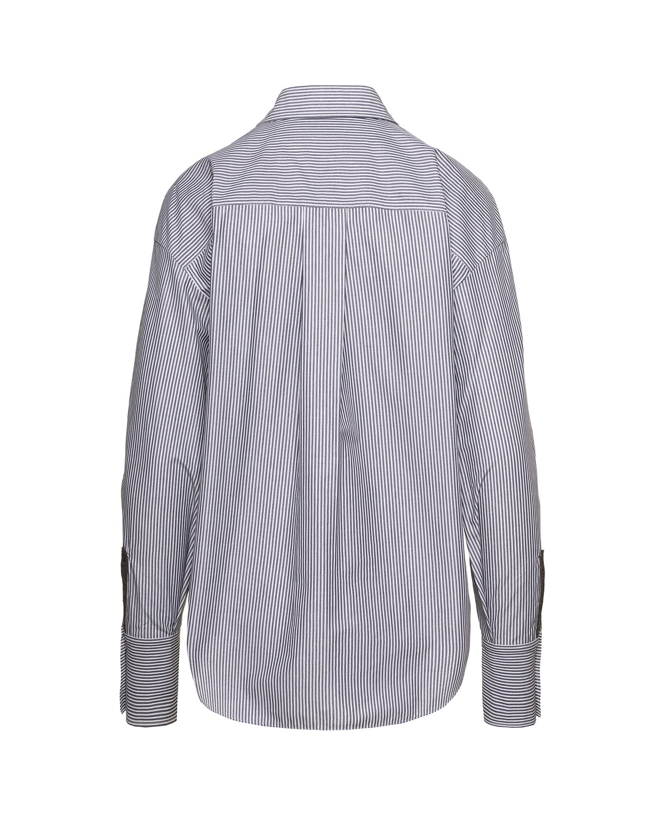 BRUNELLO CUCINELLI WOMEN'S WHITE BLUE STRIPED BUTTON-UP SHIRT
