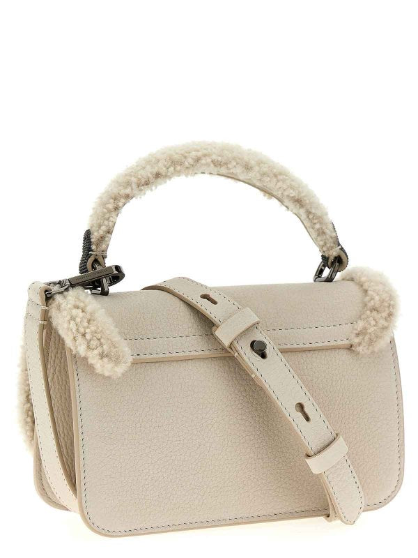 BRUNELLO CUCINELLI WOMEN'S NEW LAMB SHEARLING TRIMMED LEATHER BAG