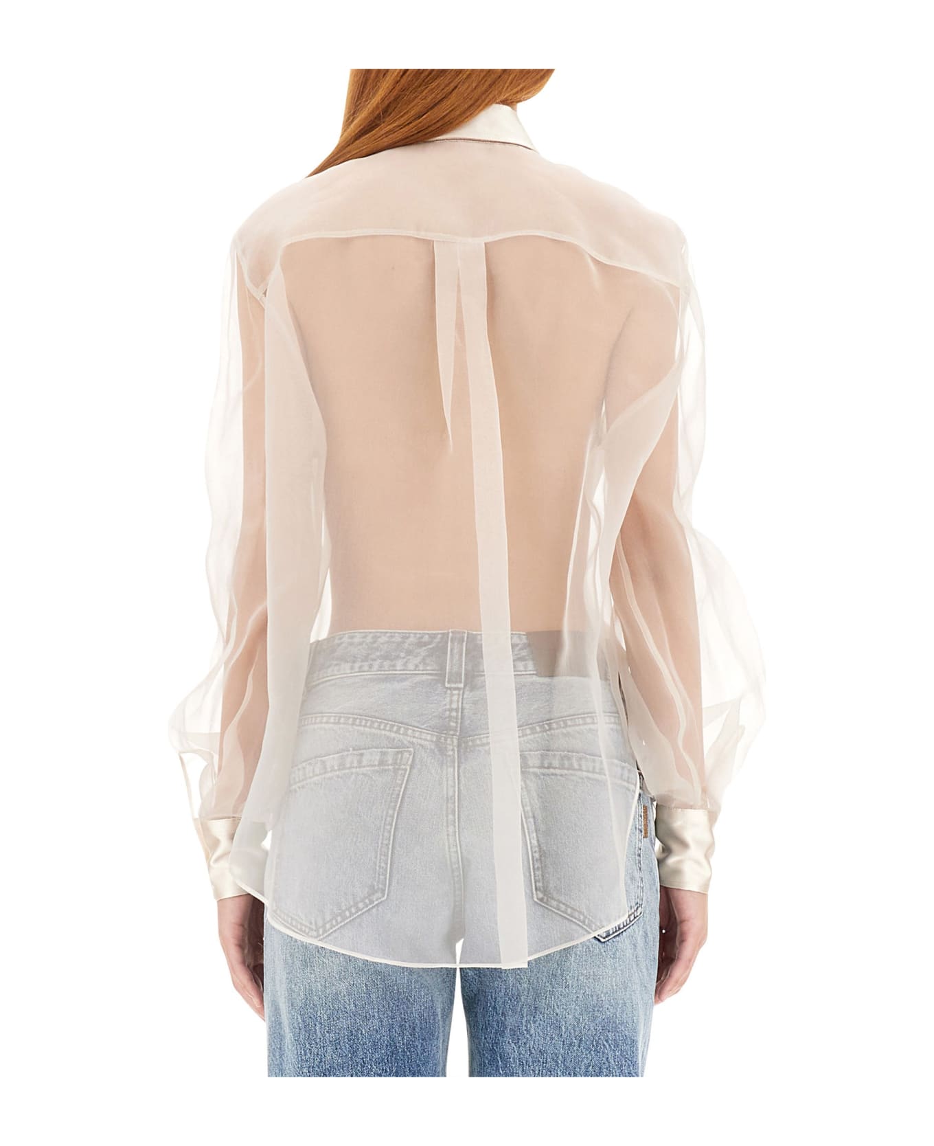 BRUNELLO CUCINELLI WOMEN'S SHEER IVORY BLOUSE WITH PLEAT DETAIL