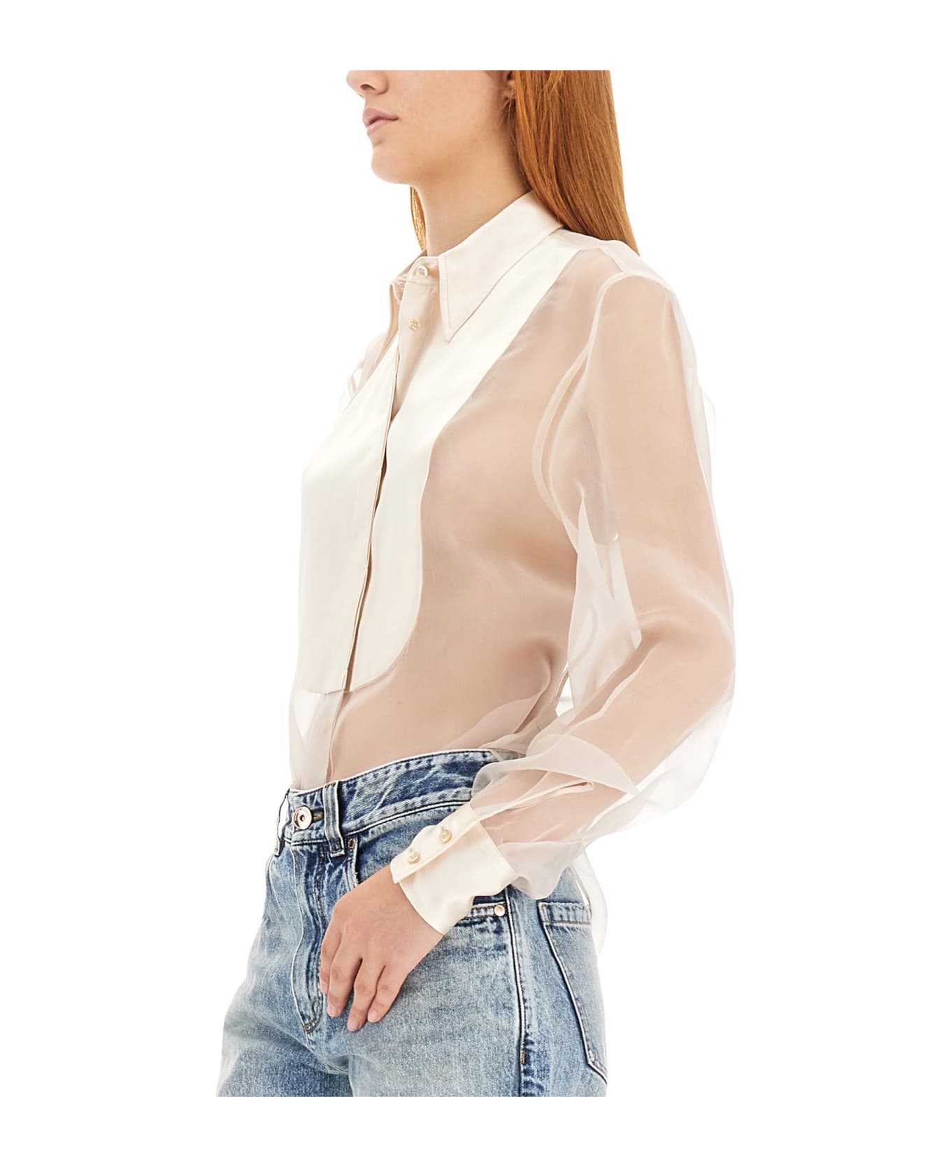 BRUNELLO CUCINELLI WOMEN'S SHEER IVORY BLOUSE WITH PLEAT DETAIL