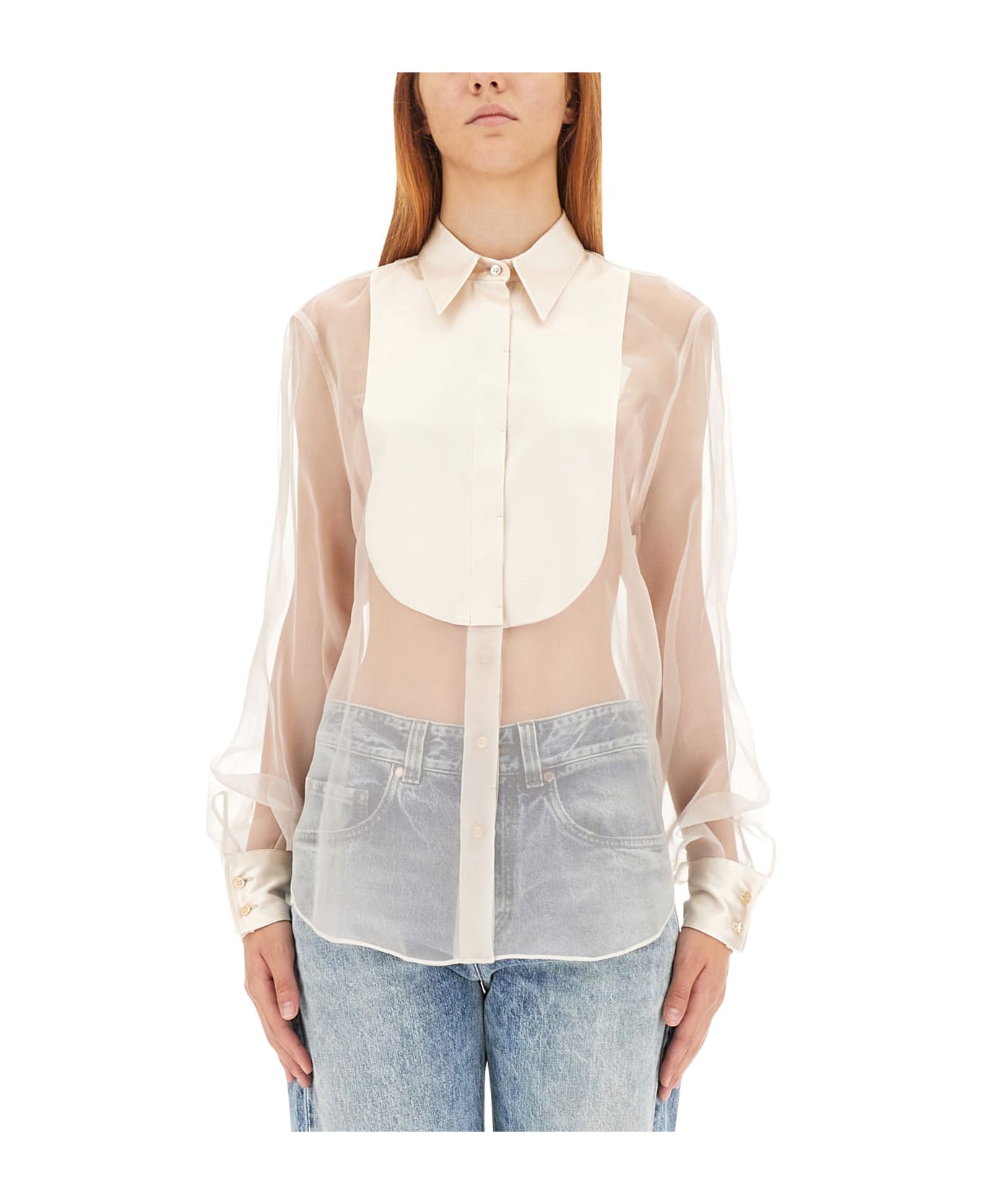 BRUNELLO CUCINELLI WOMEN'S SHEER IVORY BLOUSE WITH PLEAT DETAIL