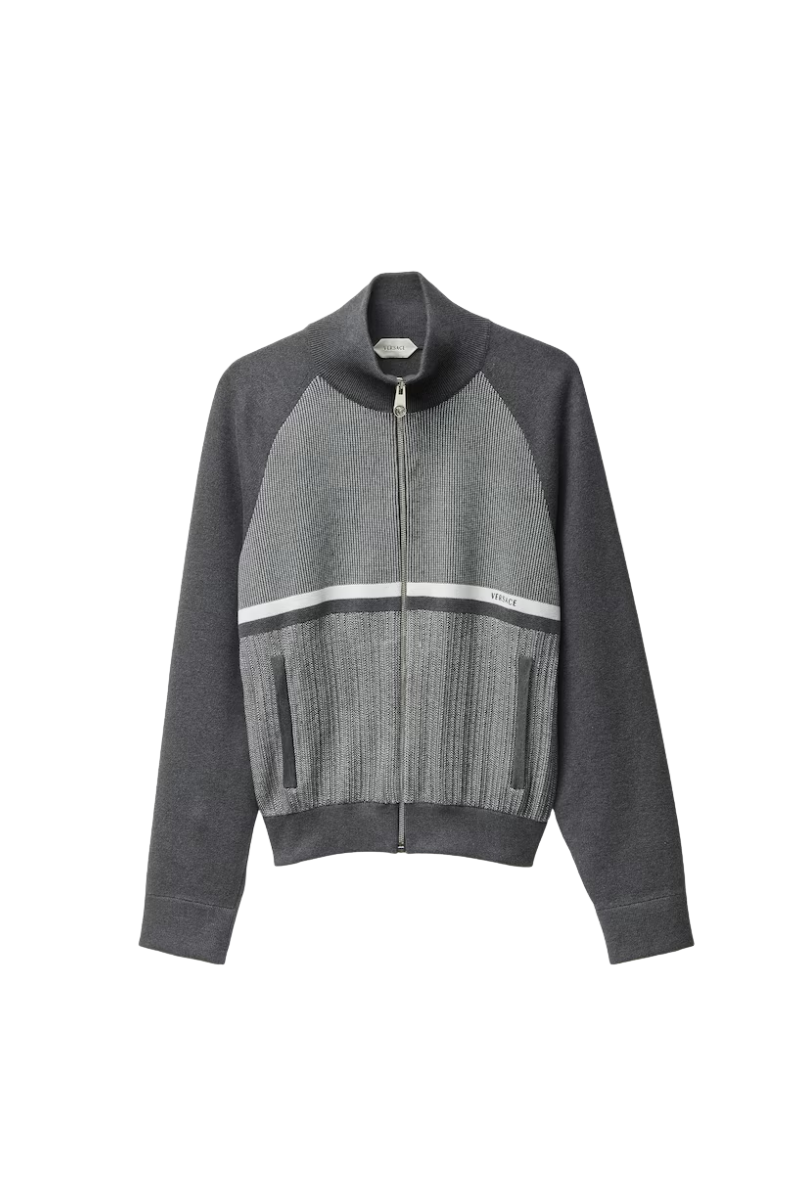 Versace Cembroidered Jacquard Cotton Knit Zip Sweater-Gray
