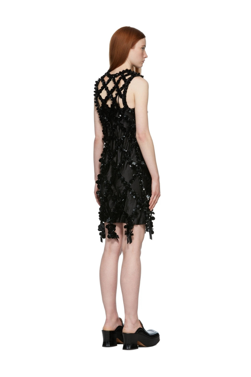 Back view of Shushu/Tong Black Sequin Dress featuring a sequined overlay and strap design.