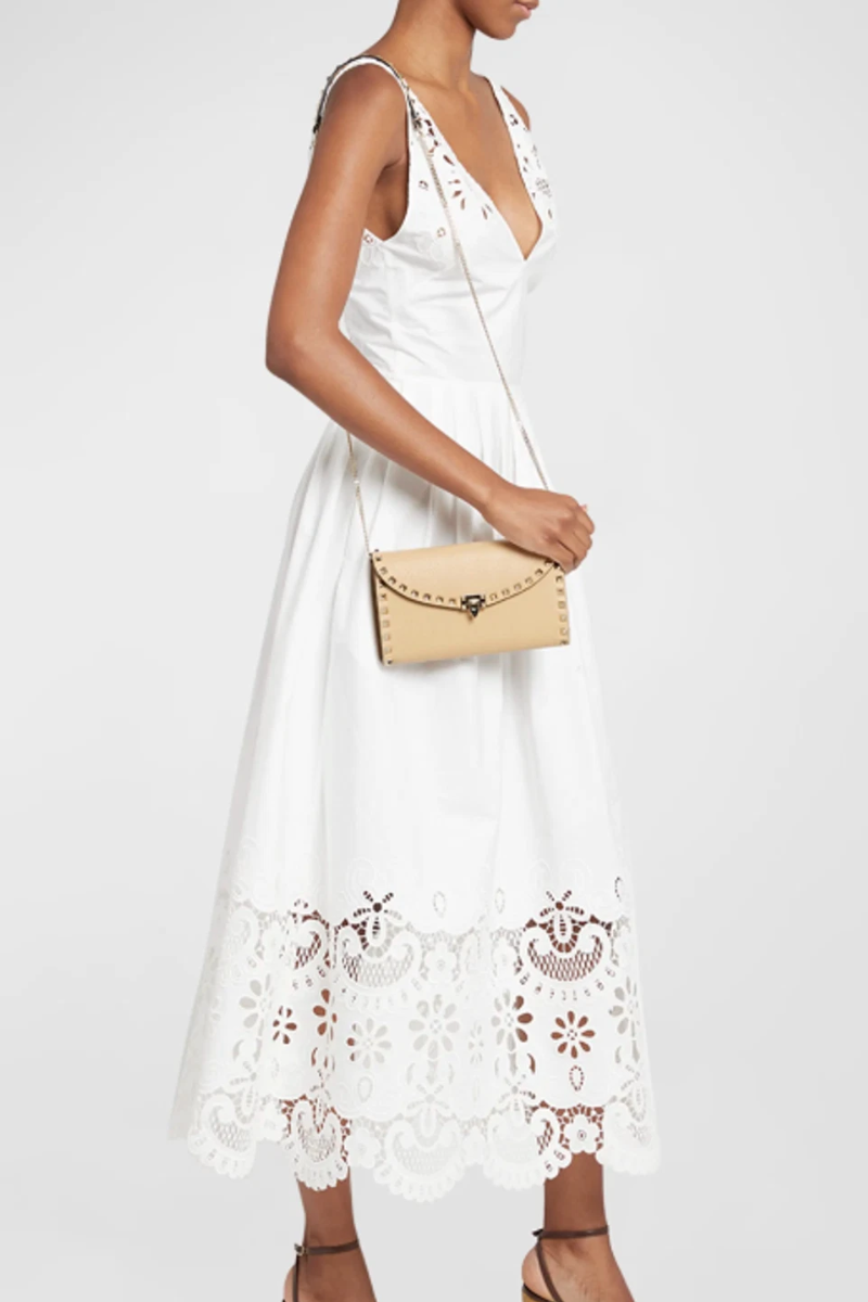 Valentino Garavani Rockstud beige grained calfskin wallet on chain