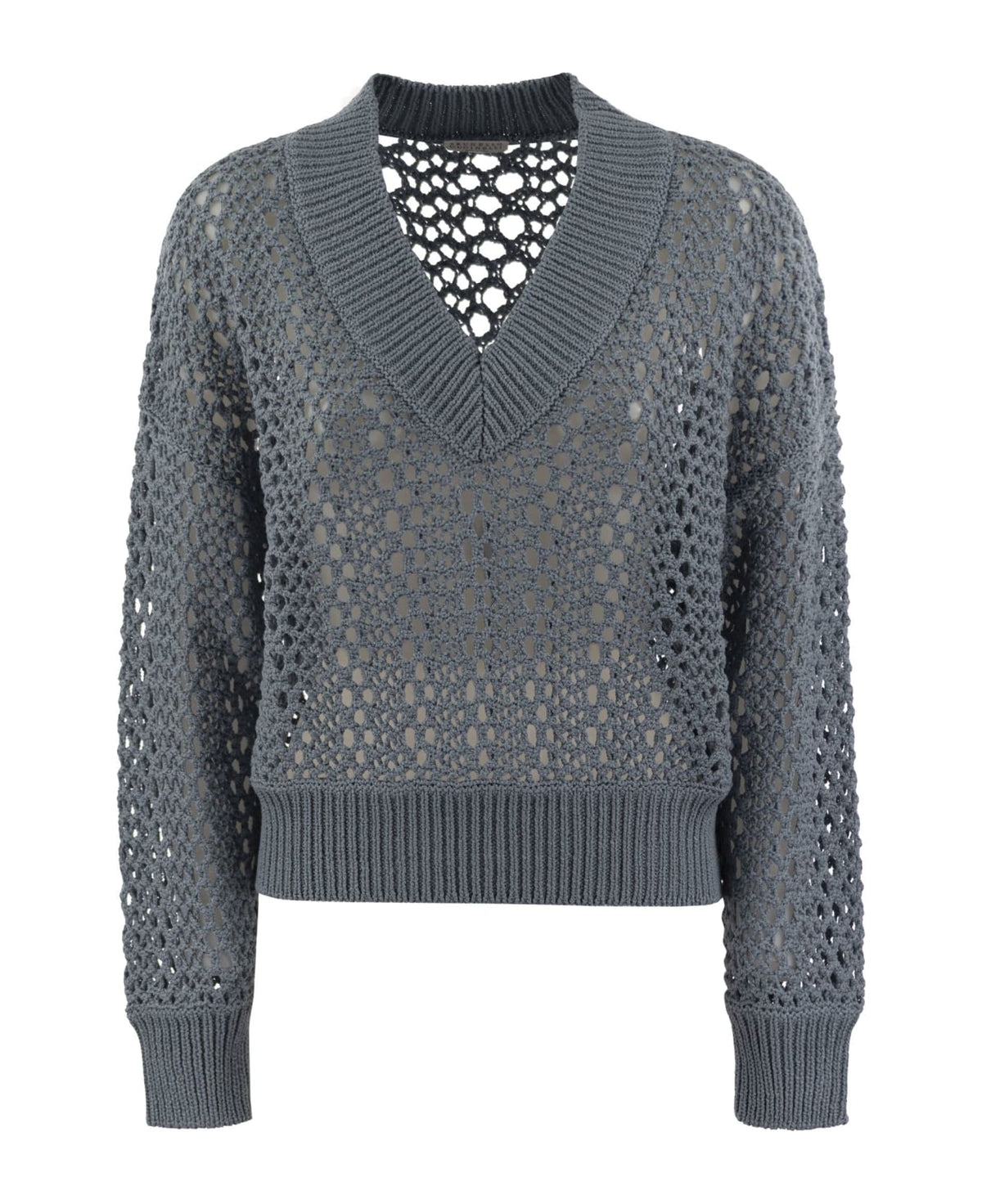 BRUNELLO CUCINELLI WOMEN'S ARCTIC BLUE OPEN KNIT V NECK SWEATER