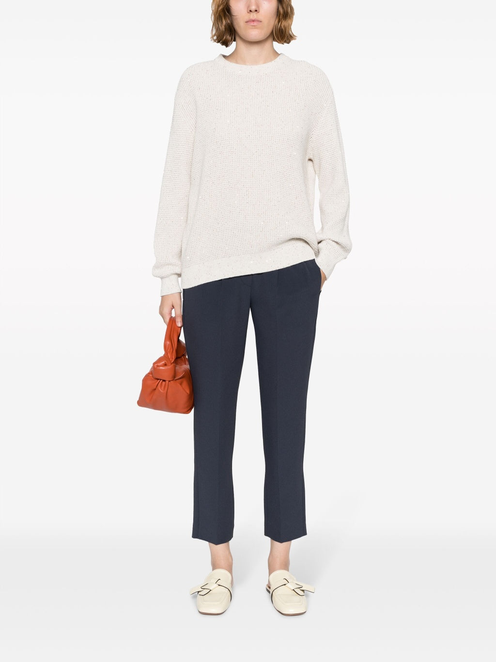 BRUNELLO CUCINELLI WOMEN'S DARK BLUE TAILORED TROUSERS WITH PLEATS