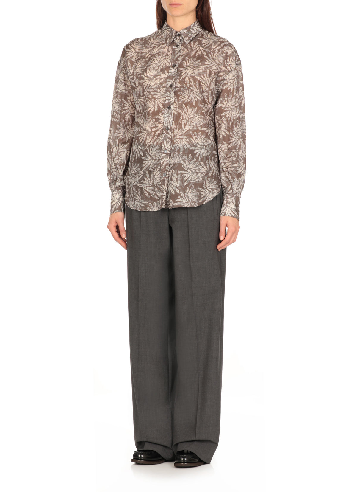 BRUNELLO CUCINELLI WOMEN'S BROWN SILK PATTERNED SHIRT