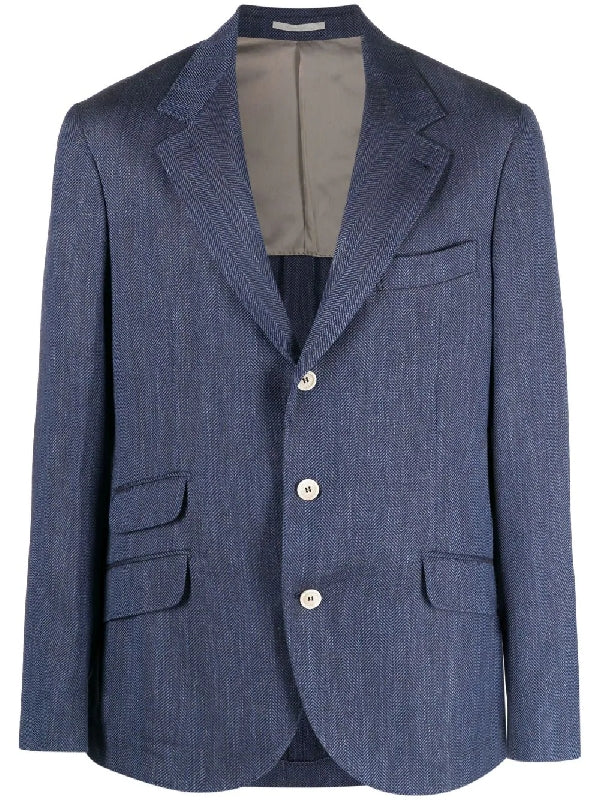 BRUNELLO CUCINELLI MEN'S BLUE HERRINGBONE DECONSTRUCTED BLAZER
