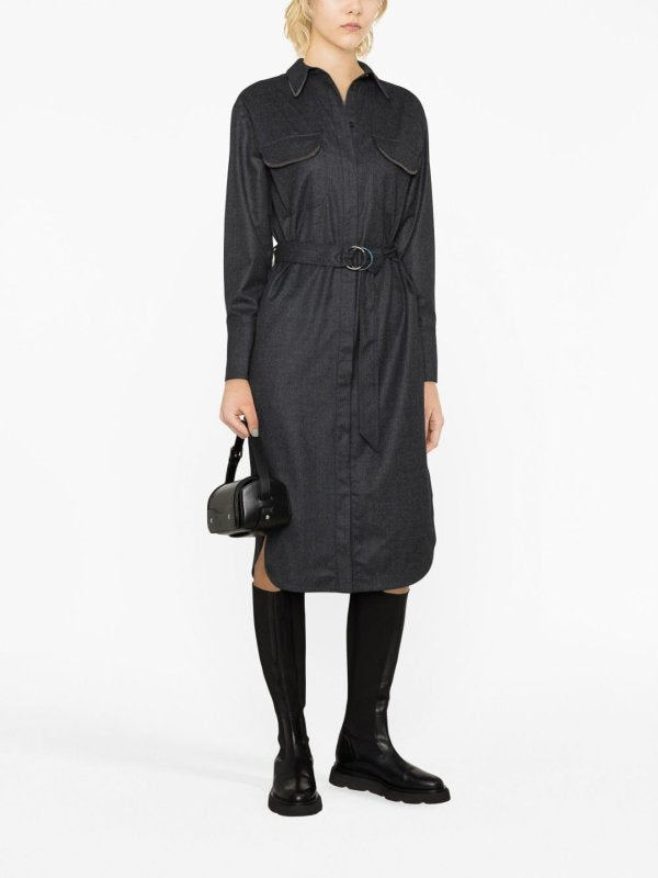BRUNELLO CUCINELLI WOMEN'S DARK GREY WOOL BELTED SHIRT DRESS