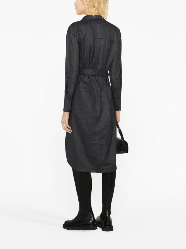 BRUNELLO CUCINELLI WOMEN'S DARK GREY WOOL BELTED SHIRT DRESS
