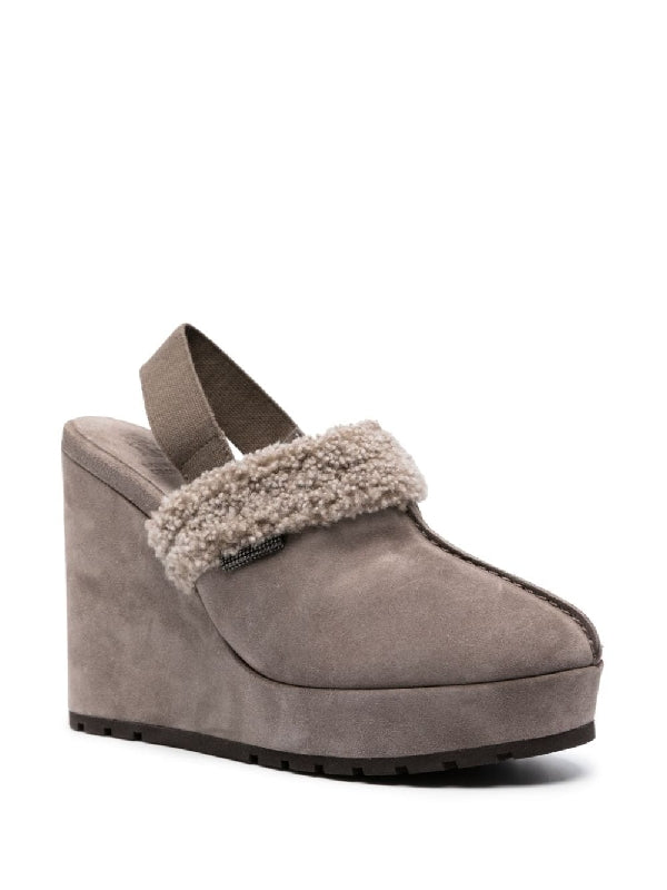 BRUNELLO CUCINELLI WOMEN'S OXIDE SUEDE WEDGE SHOE WITH SHEARLING TRIM