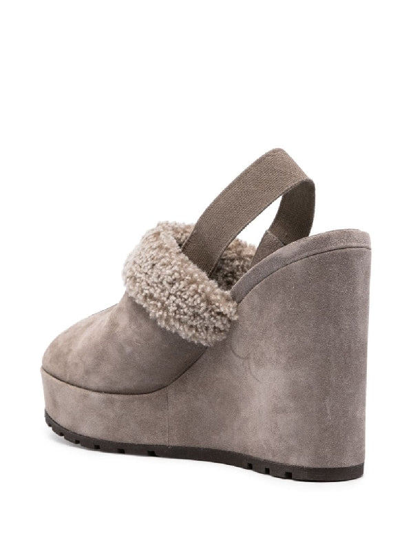 BRUNELLO CUCINELLI WOMEN'S OXIDE SUEDE WEDGE SHOE WITH SHEARLING TRIM
