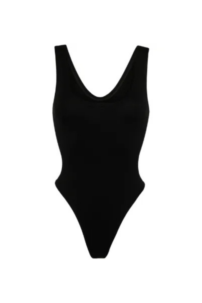 Eterne Women's Nylon-Blend Bodysuit Top in black, featuring a smooth fit and minimalist design.