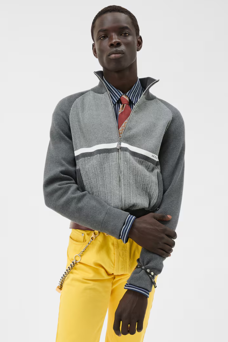 Versace Cembroidered Jacquard Cotton Knit Zip Sweater-Gray