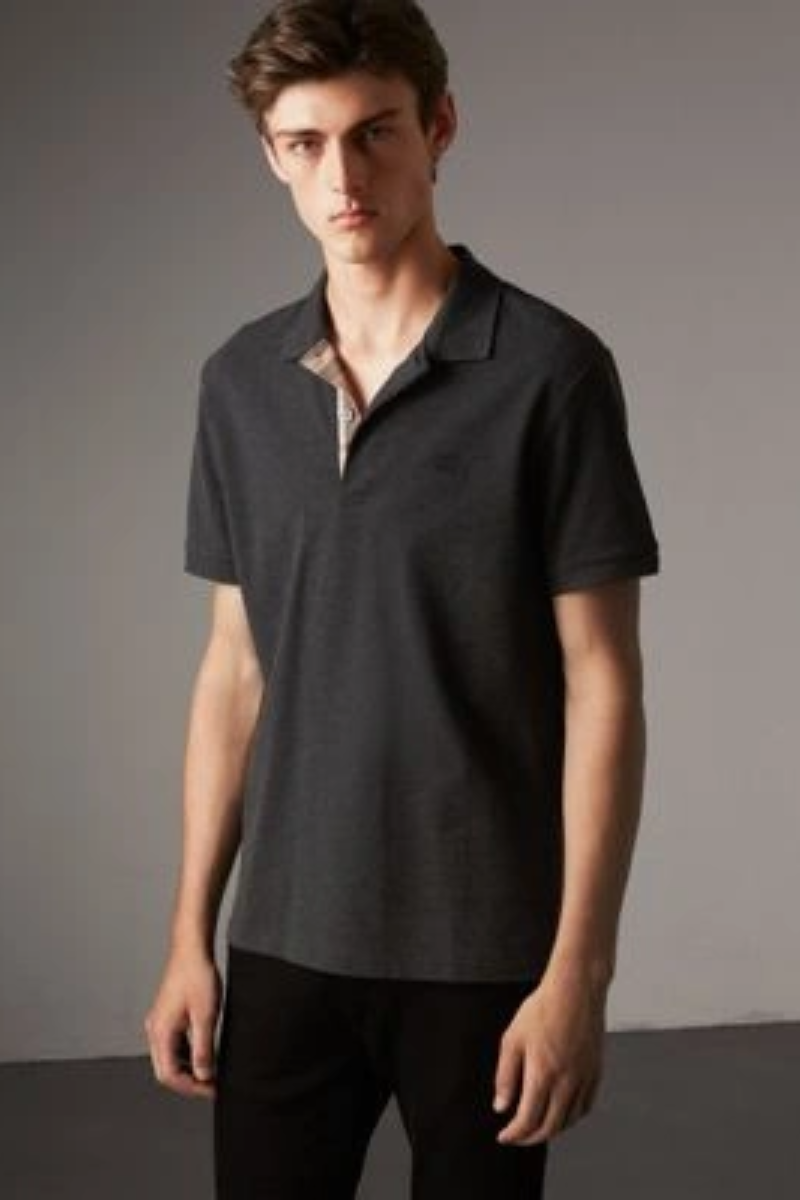 Burberry Check Placket Cotton Piqué Polo Shirt In Dark Charcoal