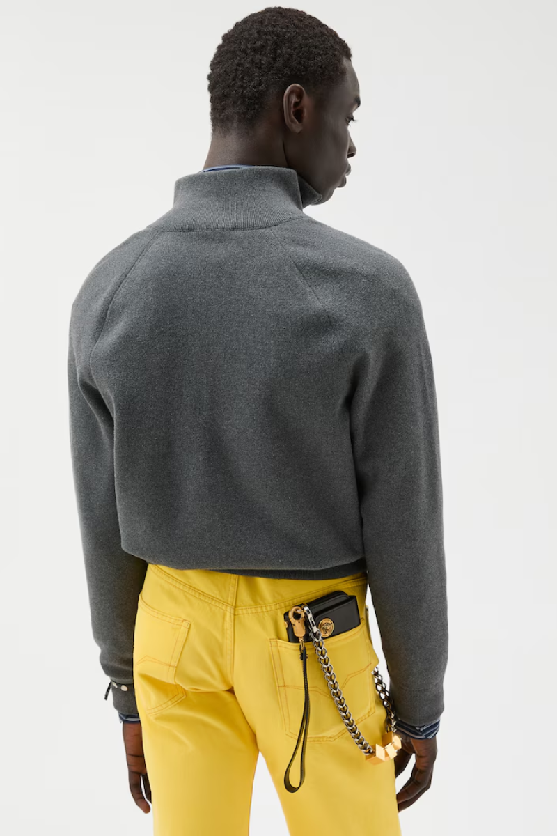 Versace Cembroidered Jacquard Cotton Knit Zip Sweater-Gray