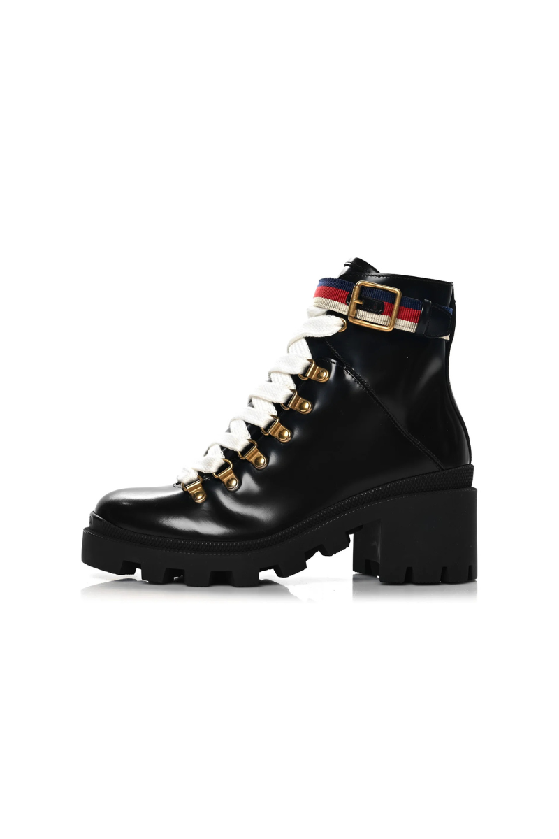 Gucci Calfskin Sylvie Web Lace Up Combat Boots