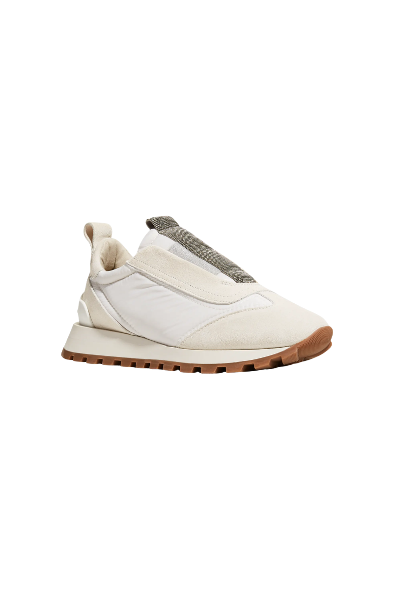 Brunello Cucinelli Mixed Leather Slip-On Runner Sneakers-White